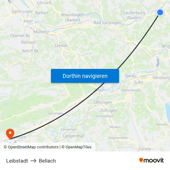 Leibstadt to Bellach map