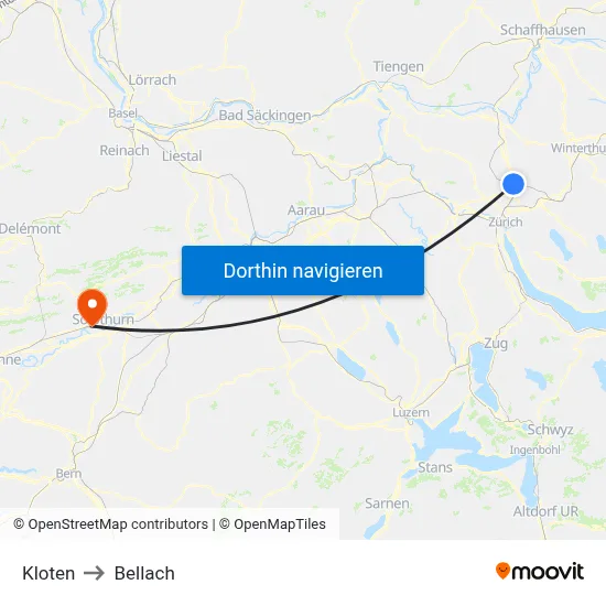 Kloten to Bellach map