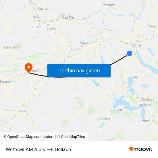 Wettswil AM Albis to Bellach map