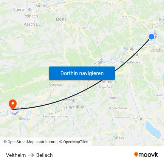 Veltheim to Bellach map