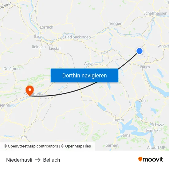 Niederhasli to Bellach map