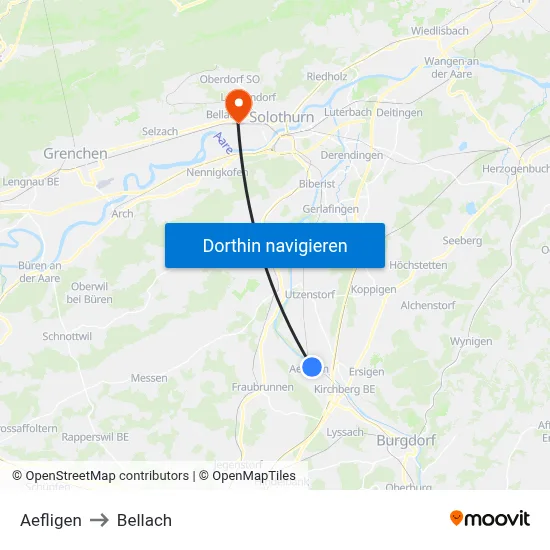 Aefligen to Bellach map