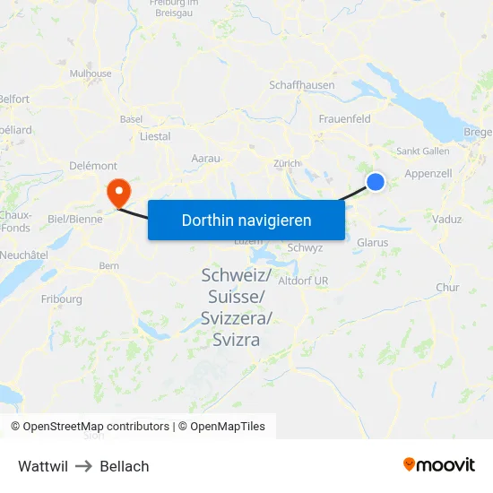 Wattwil to Bellach map