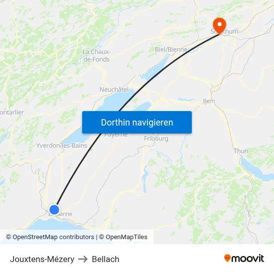 Jouxtens-Mézery to Bellach map