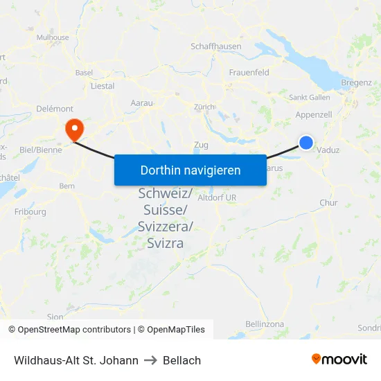 Wildhaus-Alt St. Johann to Bellach map