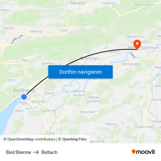 Biel/Bienne to Bellach map
