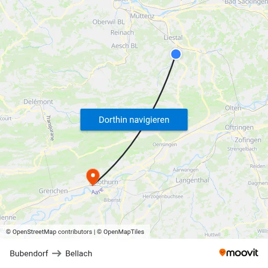 Bubendorf to Bellach map