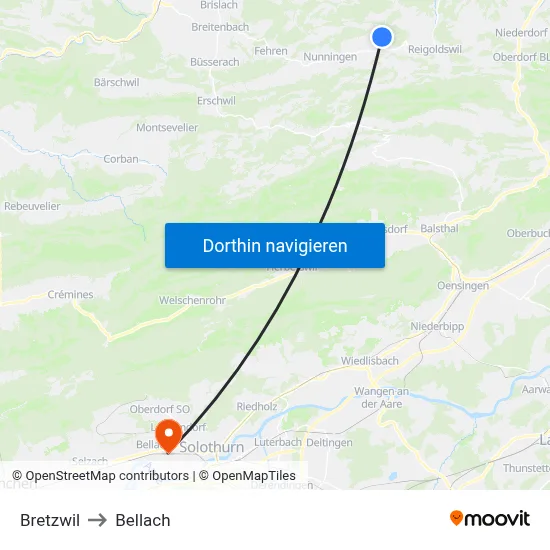 Bretzwil to Bellach map