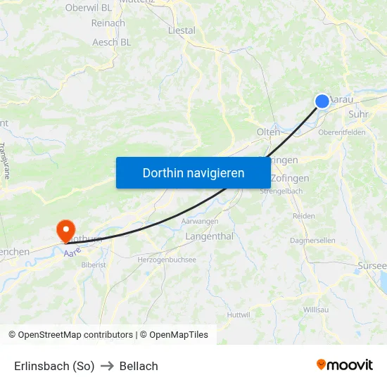 Erlinsbach (So) to Bellach map