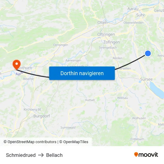 Schmiedrued to Bellach map