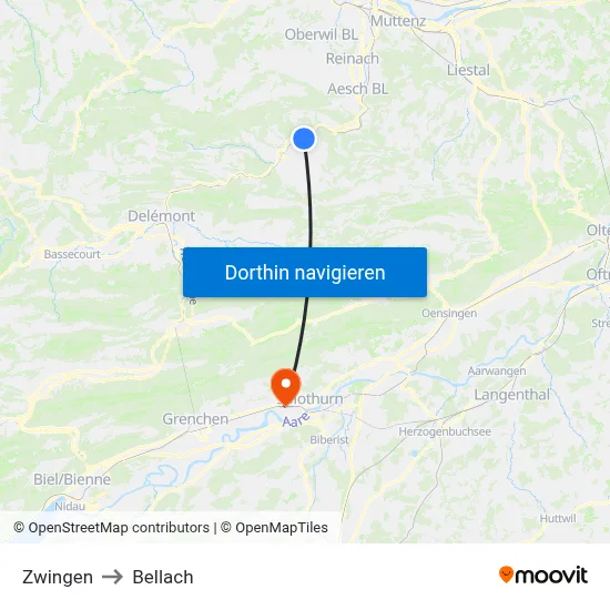 Zwingen to Bellach map