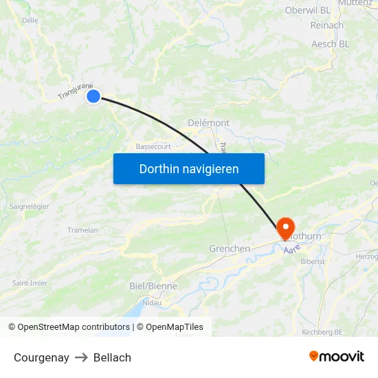 Courgenay to Bellach map