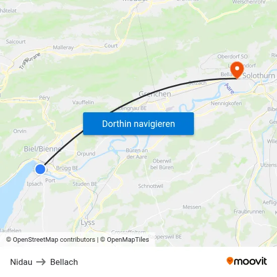 Nidau to Bellach map