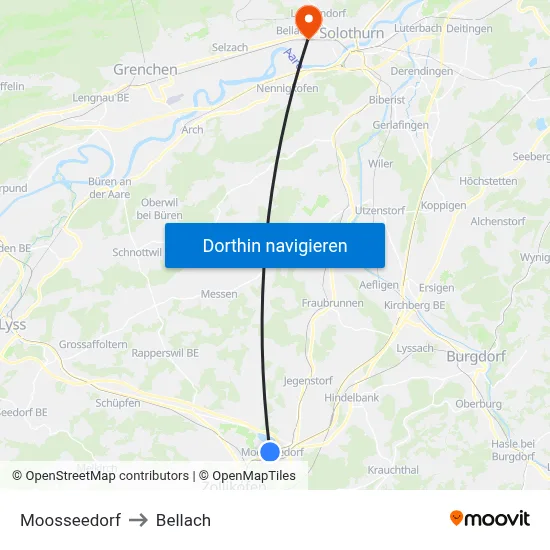 Moosseedorf to Bellach map