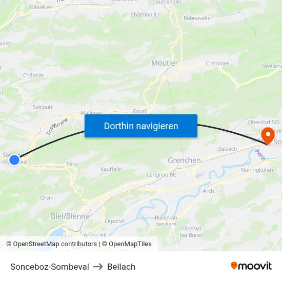 Sonceboz-Sombeval to Bellach map