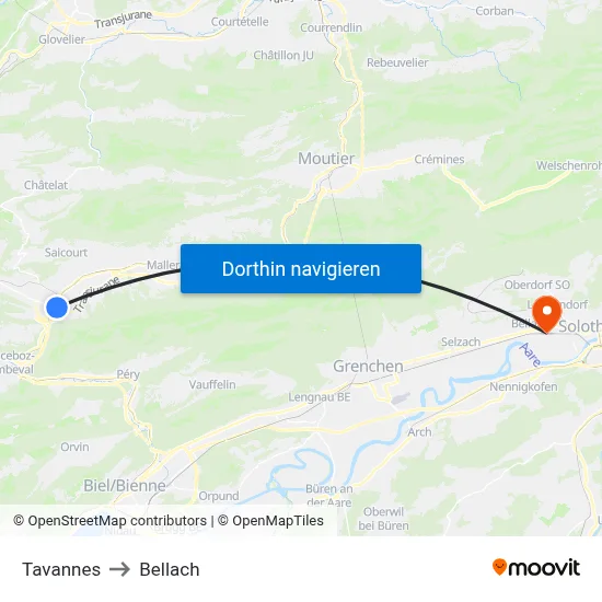 Tavannes to Bellach map