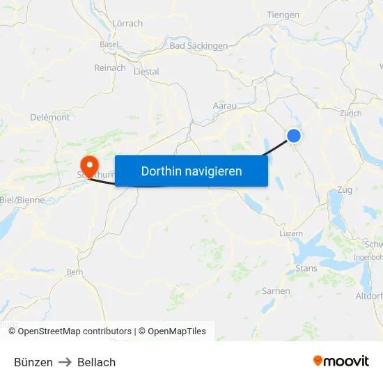 Bünzen to Bellach map