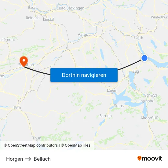 Horgen to Bellach map