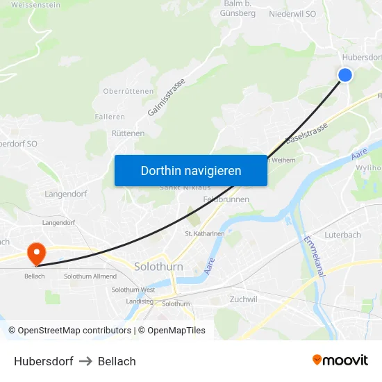Hubersdorf to Bellach map