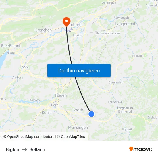 Biglen to Bellach map