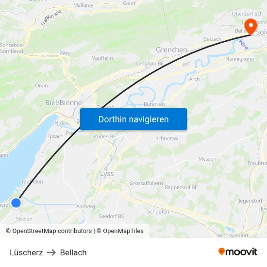 Lüscherz to Bellach map