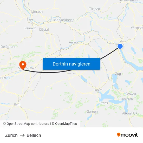 Zürich to Bellach map