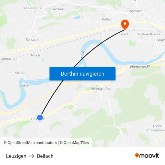 Leuzigen to Bellach map