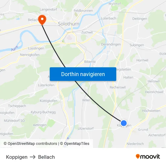 Koppigen to Bellach map