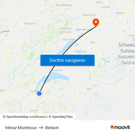 Vétraz-Monthoux to Bellach map