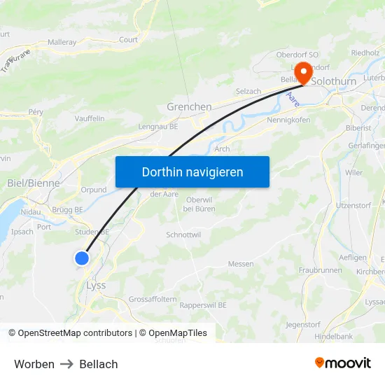 Worben to Bellach map