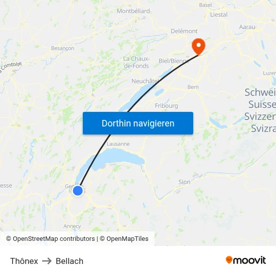 Thônex to Bellach map