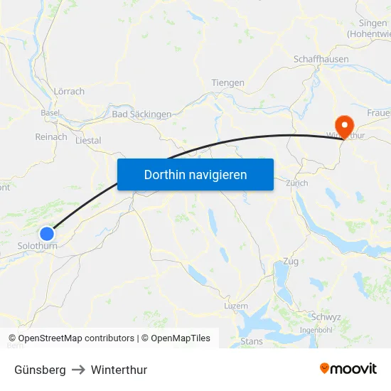 Günsberg to Winterthur map