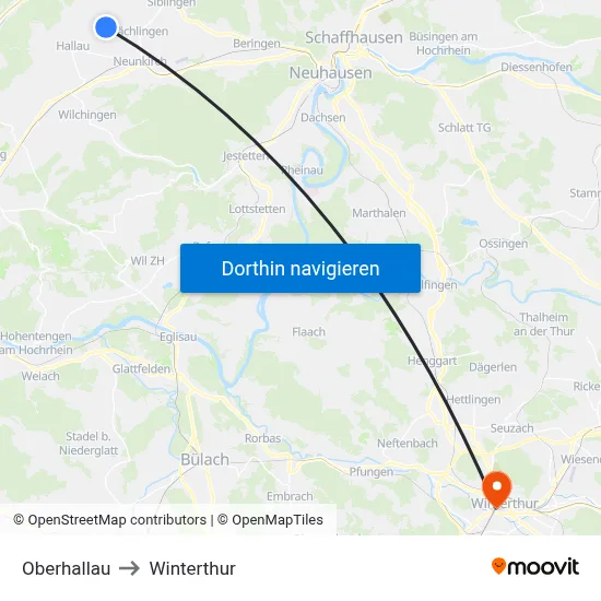 Oberhallau to Winterthur map