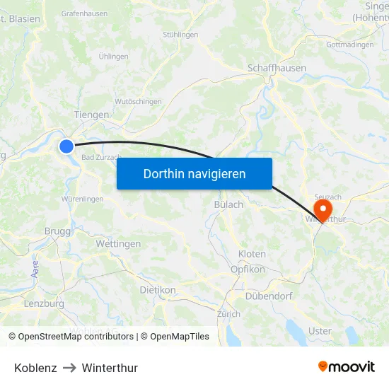 Koblenz to Winterthur map