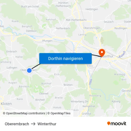 Oberembrach to Winterthur map