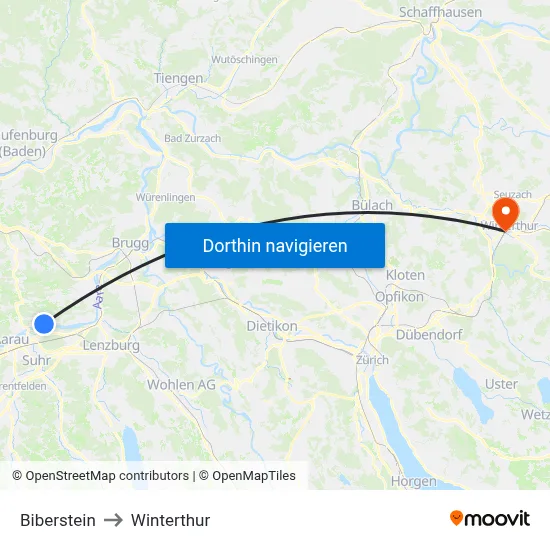 Biberstein to Winterthur map