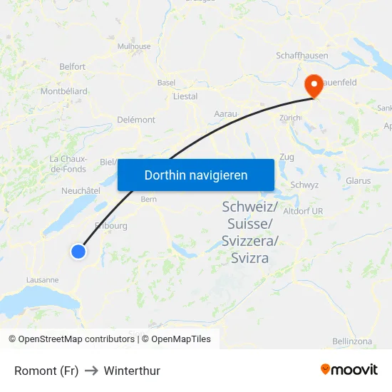 Romont (Fr) to Winterthur map