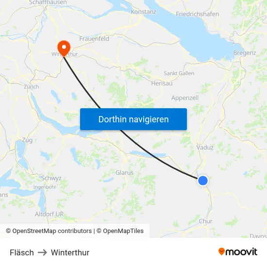Fläsch to Winterthur map