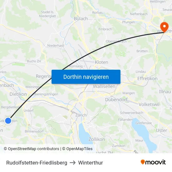 Rudolfstetten-Friedlisberg to Winterthur map