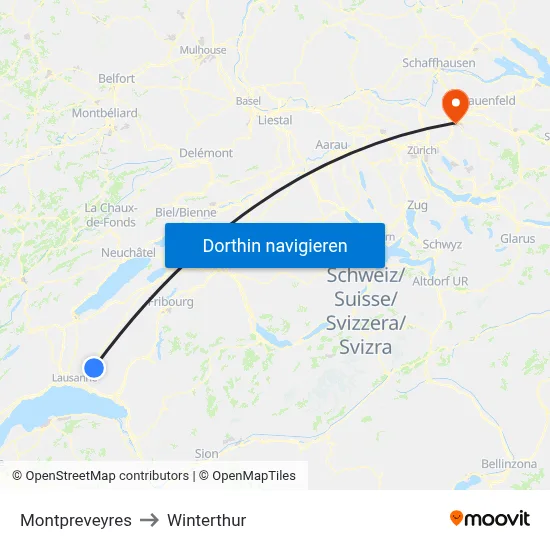 Montpreveyres to Winterthur map
