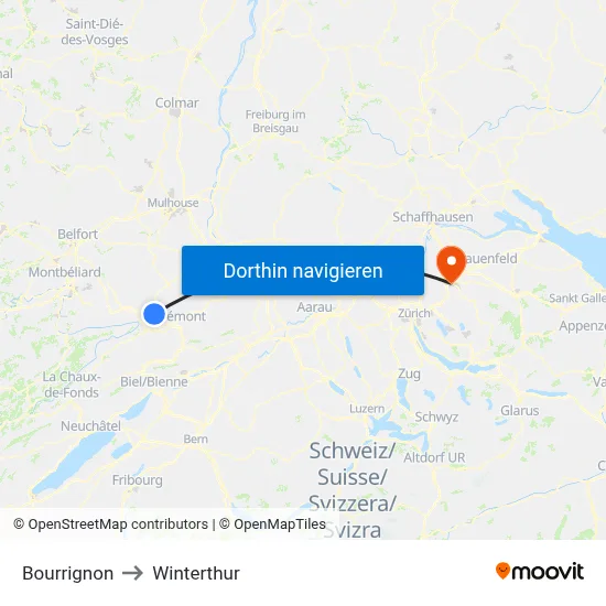 Bourrignon to Winterthur map