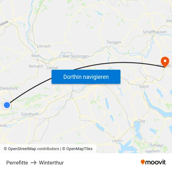 Perrefitte to Winterthur map