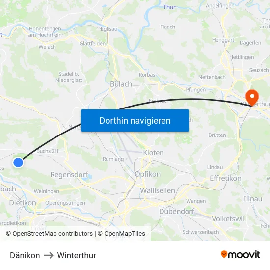 Dänikon to Winterthur map