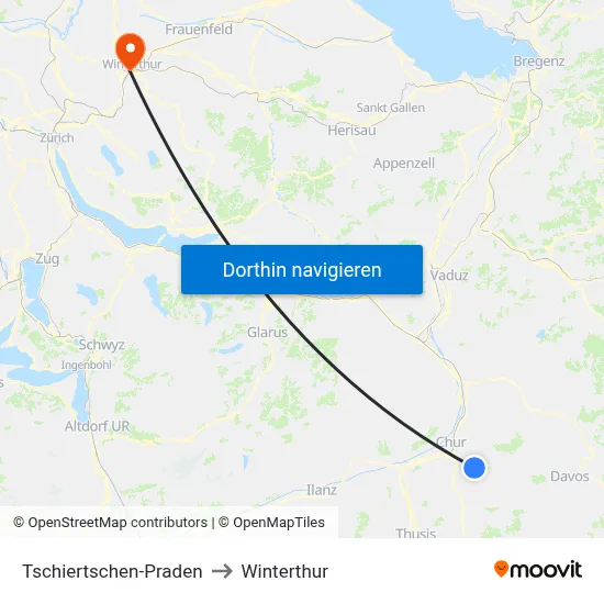 Tschiertschen-Praden to Winterthur map
