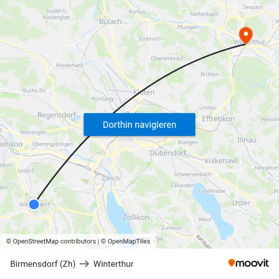 Birmensdorf (Zh) to Winterthur map