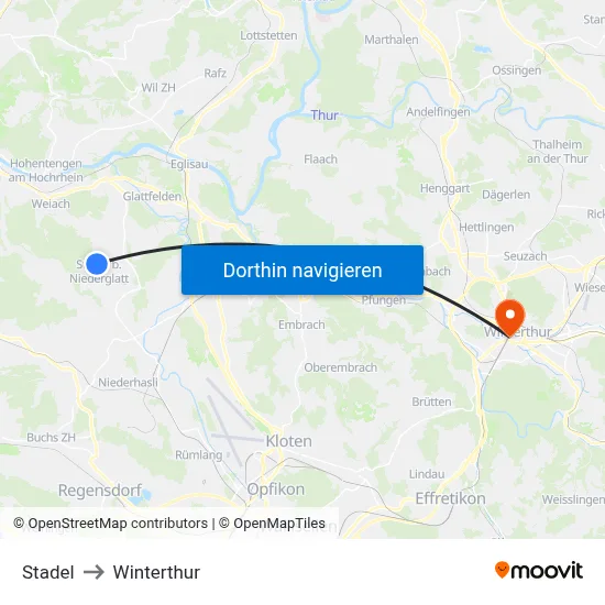Stadel to Winterthur map