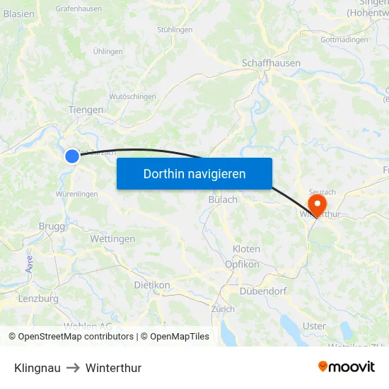Klingnau to Winterthur map
