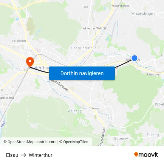 Elsau to Winterthur map