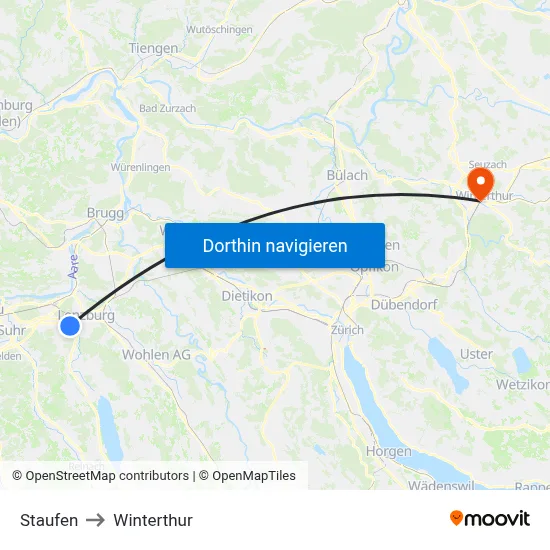 Staufen to Winterthur map
