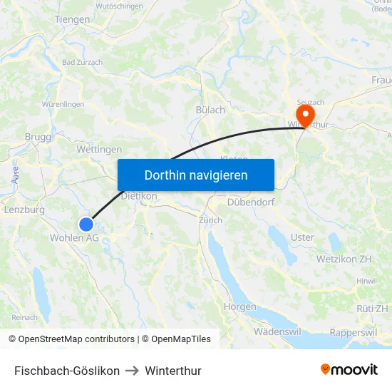 Fischbach-Göslikon to Winterthur map